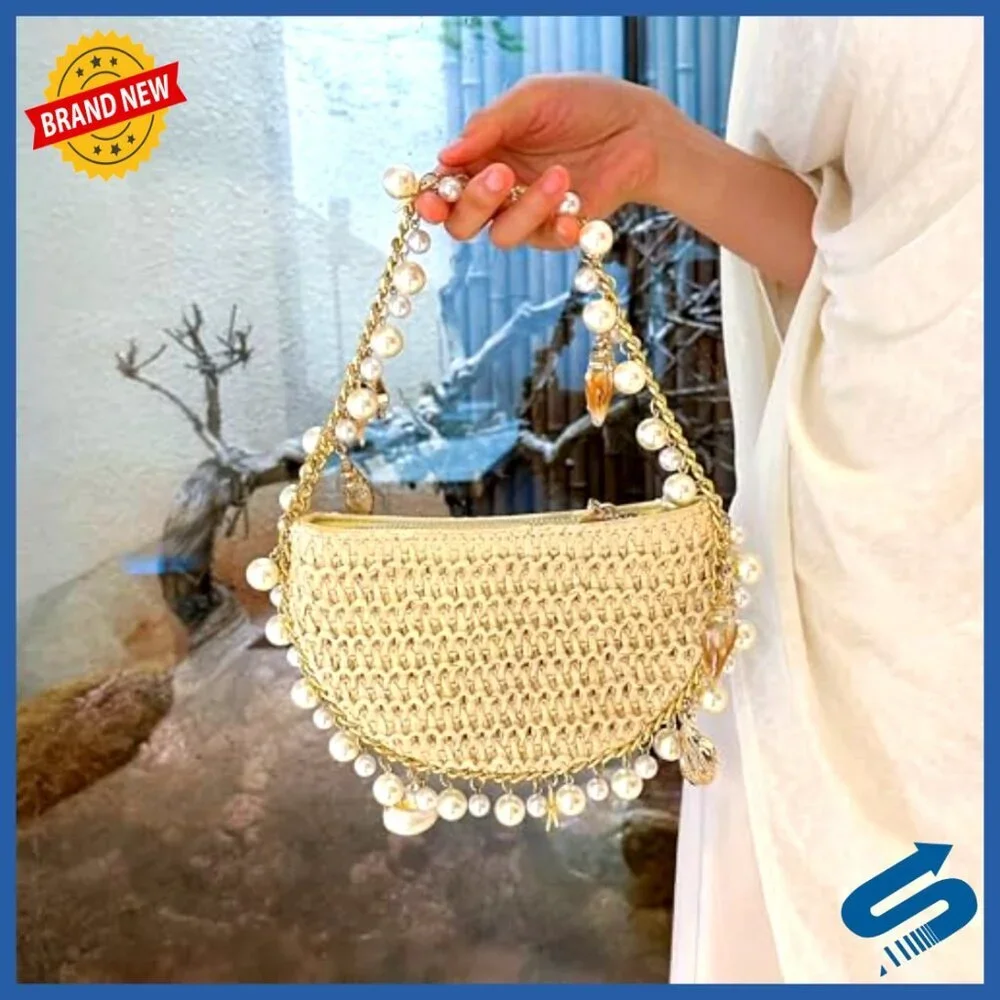 Handmade Straw Tote Bag Bohemian Beach Purse with Shell Pearl Embellishments